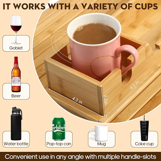 Bamboo Couch Arm Tray with Detachable Cup Holder, 2 in 1 Foldable Anti-Falling Design for Cups, Snacks, Remote, Cellphone