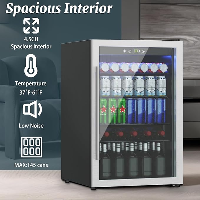 Compact 145 Can/4.5 Cu.Ft Mini Fridge For Soda, Beer Or Wine, Portable Small Beverage Refrigerator With Digital Display&Removable Shelves &Reversible Glass Front Door For Office, Dorm, Bar