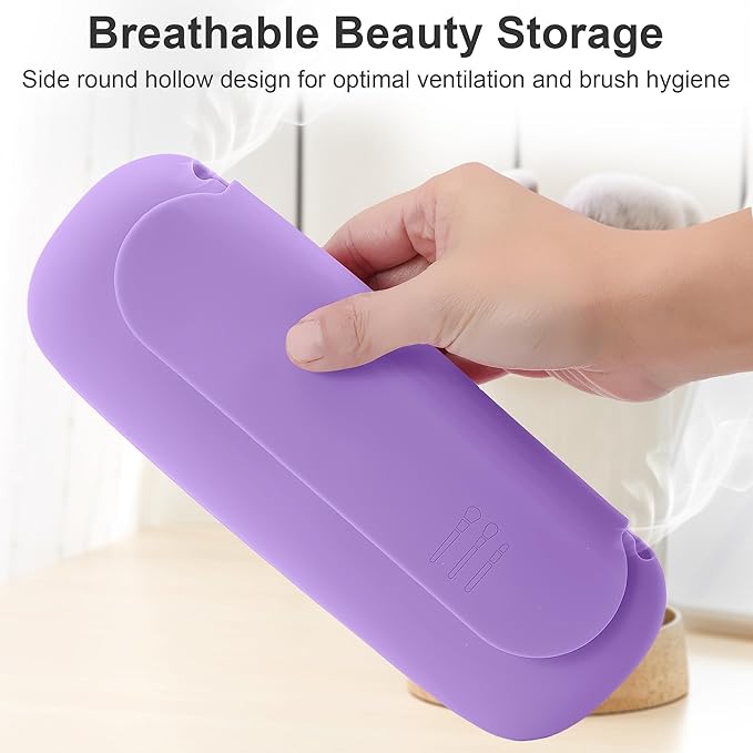 Silicone Travel Makeup Brush Holder for Women with Magnetic Closure and Built-in Brush Cleaner, Washable Cosmetic Organizer, Gift-Ready Pouch, Purple