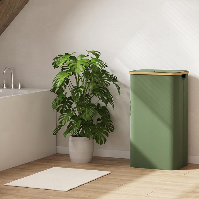 Lifewit 100L Laundry Basket with Lid, Clothes Hampers for Laundry with Bamboo Handles and A Removable Bag, Large Foldable Laundry Hamper for Bedroom, Bathroom, Dorm, Laundry Room, Green