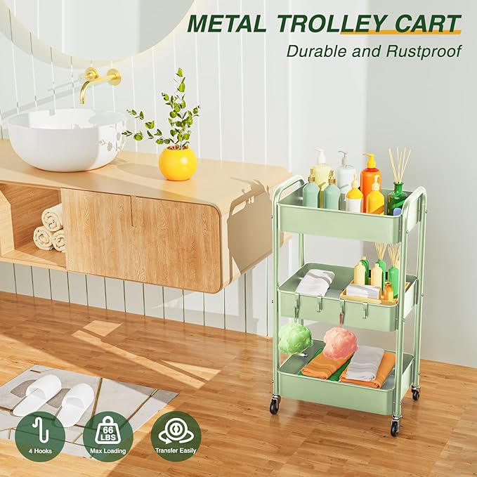 LEHOM 3 Tier Rolling Storage Cart, Metal Trolley Utility Cart with Wheels & Hooks, Easy Assembly Organizer Storage Cart for Bathroom Kitchen Office Bedroom (Green)