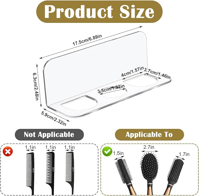 Bathroom Hair Brush Holder Wall Mounted Hair Brush Organizer with 3 Holes Non Perforated Wall Mounted Shaver Storage Rack for Combs, Curling Irons, Razors