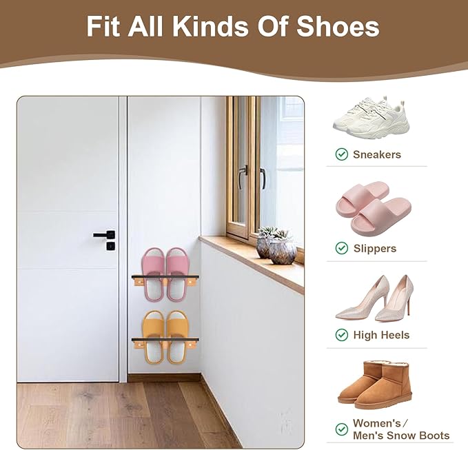 2-Pack Wall Mounted Shoe Rack, Wooden & Metal Foldable Shoe Rack - Space Saving Wall Shoe Holder for Entryway, RV, Camper, Closet, Apartment, Fits Various Shoes - Natural