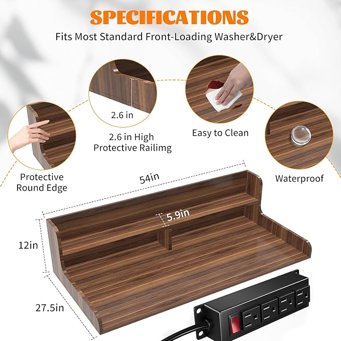 2-Tier Washer Dryer Countertop with Charge Station, 54" x 27.5" Top Cover for Laundry Machine, Washer and Dryer Wood Shelf Topper for Laundry Room Counter Storage Organization, Walnut
