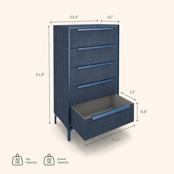 tinge Naima Premium Fabric Dresser - Strong Metal Frame, 5 Spacious Sag-Proof Drawers with Sleek Metal Handles - Premium & Durable Storage Solution for Your Home (Navy)