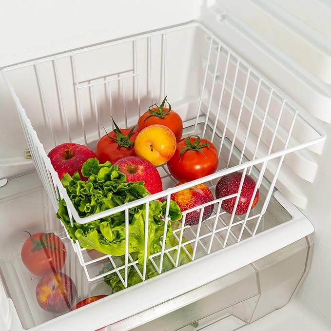Freezer Baskets Storage Organizer, Refrigerator Metal Wire Basket bins, Household Bins with Built-in Handles for Kitchen Cabinets, Freezer, Pantry, Closets, Bathrooms, 4 Packs