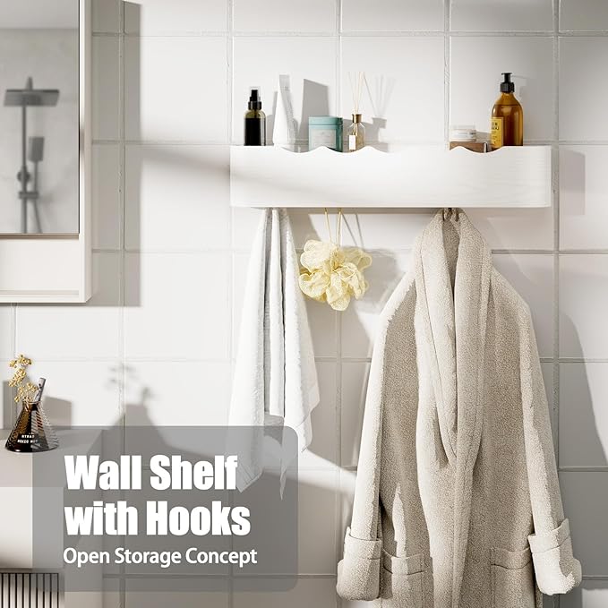 Coat Rack Wall Mount with Shelf 4 Hidden Hooks Modern Wooden Key Holder Entryway Organizer for Hallway Bedroom Bathroom Home Decor Storage for Hanging Coats Hats Bags Towels, Wave-Shape White
