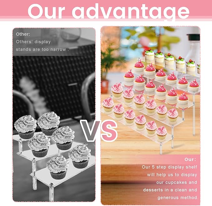 ULENDIS 5 Tier Acrylic Stands for Display, Clear Display Stand Risers Shelf for Cupcakes Perfumes Figurines, Tabletop Cupcake Stand for Decorating & Organizing (16" x 15.5" x 9.6")