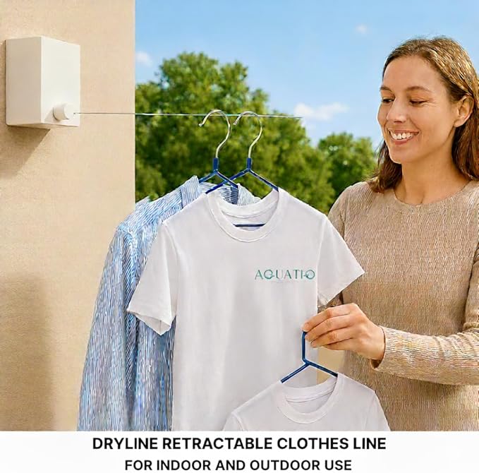 Dryline Retractable Clothesline, White, Indoor Outdoor Wall Mounted Drying Rack, 15kg Weight Capacity, 4.2m Length, for Laundry Room, RV, Bathroom