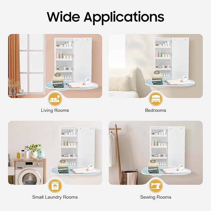 Wall-Mounted Ironing Board Cabinet with Storage Shelves & Door, Built in Foldable Ironing Board, Wall Hanging Ironing Storage Station for Bedrooms Laundry Rooms Apartments Small Spaces