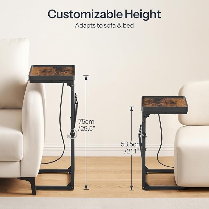 HOOBRO C-Shaped End Table with Charging Station, 29.5” Adjustable Height Side Table with Storage Pocket, Sofa Tray Table Slide Under Couch, for Living Room, Bedroom, Rustic Brown and Black BF78USF01