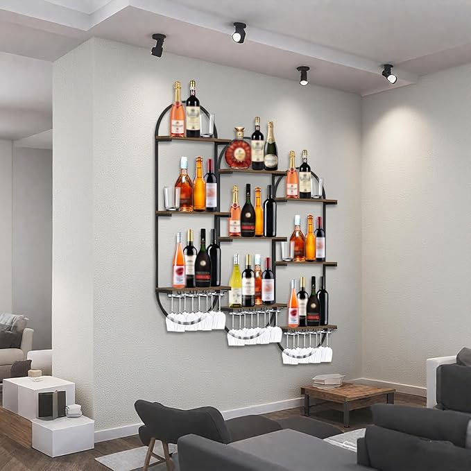 Wall Mount Wine Rack, 3-Tier Metal Oval Design Wine Rack Wall Mounted, Wine Bottle Holder for Home Bar, Wine Kitchen Storage Liquor, Champagne(Black, 6PCS)