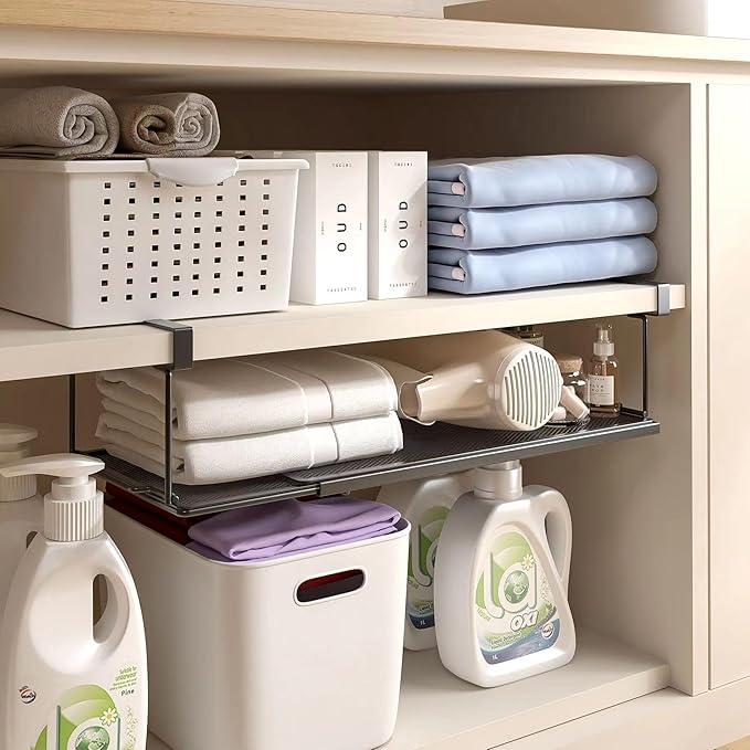 Expandable Under Cabinet Shelf, Extendable Under Shelf Storage with 0.94 Inches Thick Clips for Pantry Cabinet, Laundry Room, Shoe Rack. (Black, 1 Pack, Interior: 3.66" H x 8.26" D)