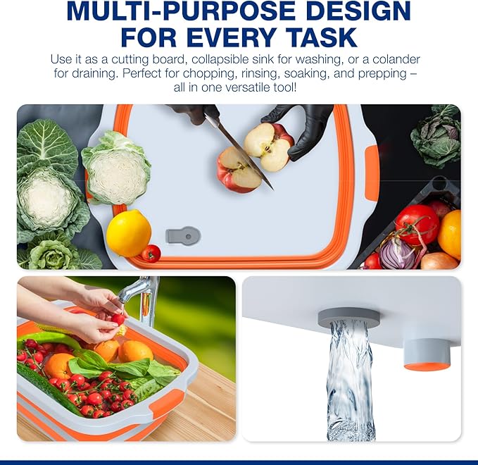 2-Pack XL Collapsible BBQ Prep Tub with Built-In Cutting Board, Lid & Strainer – Marinate, Drain & Prep – Large Food-Safe Container – Perfect for Grilling, Smoking & Outdoor Cooking