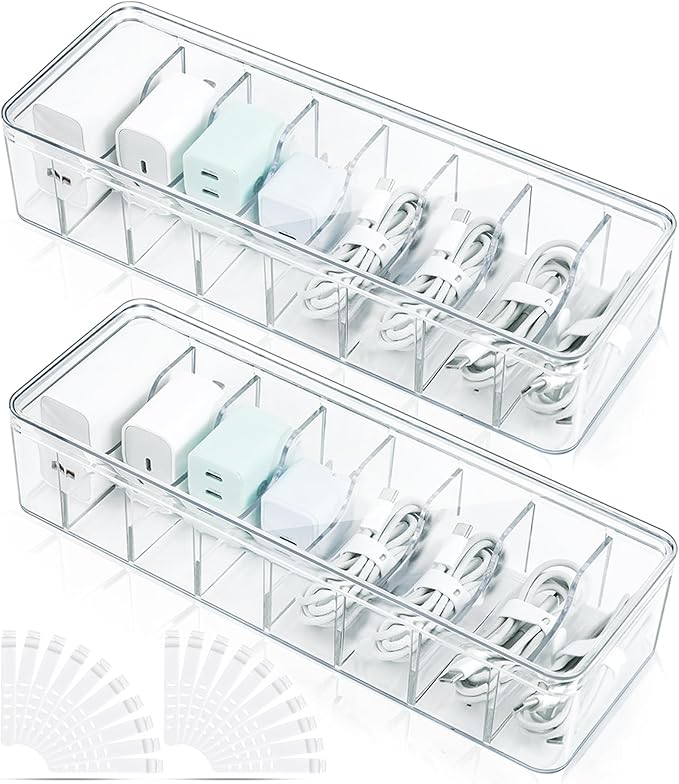 2 Pack Cable Organizer Box, Plastic Cord Storage Box with Lid, Clear Charging Cord Organizer with 8 Compartments and 20 Wire Ties, Charger Organizers for Home Office Drawer Desk Accessories