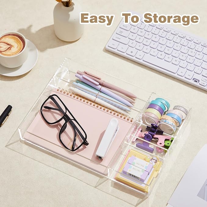 Acrylic Desk Drawer Organizer 12.2 x 8.27 x 1.77 Inch Storage Tray Organizer for Pens, Stationery, Desktop, Office, Bathroom, Kitchen, Makeup Supplies(5 Compartments, Clear)