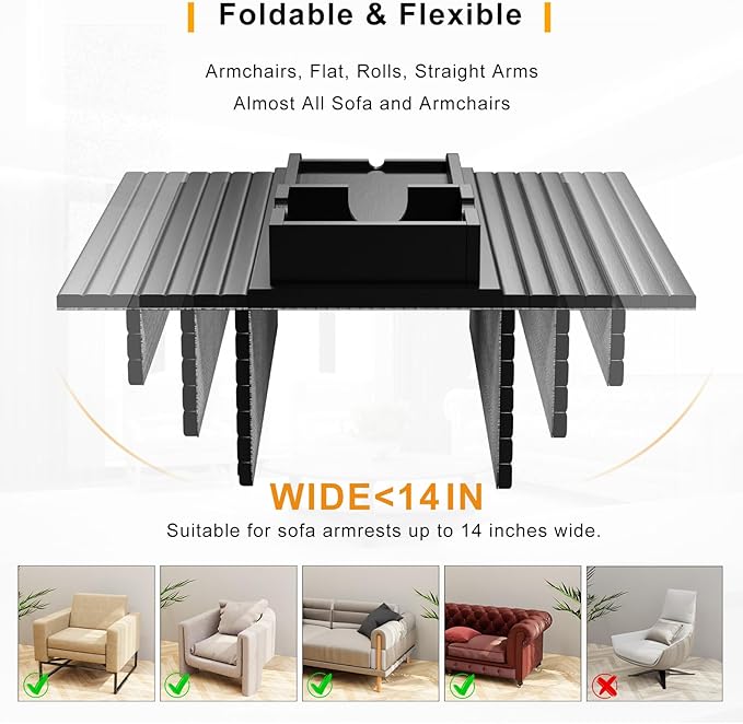 Couch Armrest Table, Sofa Arm Tray with Detachable Couch Cup Holder - 2 in 1 Anti-Slip Foldable Sofa Armchair Caddy Table for Drinks Cellphone TV Remote Snacks (Black)