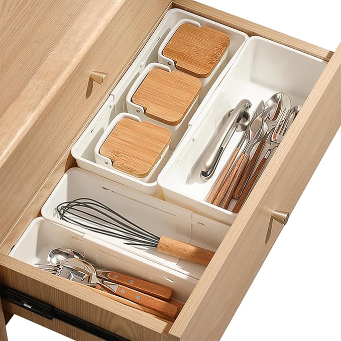 Adjustable Drawer Organizers - Expandable Drawer Dividers Organizers, Thickened PP Drawer Organizer Trays for Utensils, Pens, Makeups, Flatware and Junks, Multi-Use (Large)