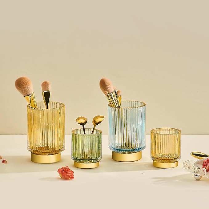 Makeup Brush Organizer, Toothbrush Holder, Desk Pen Pencil Holder, Multifunctional Vintage Glass Brush Cup (S/Gold/A3-12-US)