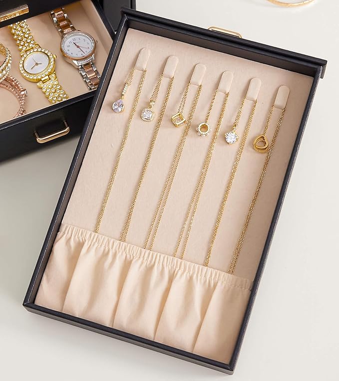 Homde Jewelry Organizer with Transparent Window Necklace Hooks Gift for Women Jewelry Box Display Case for Necklaces Rings Earrings Bracelets and Other Jewelry Accessories (Black + Gold)