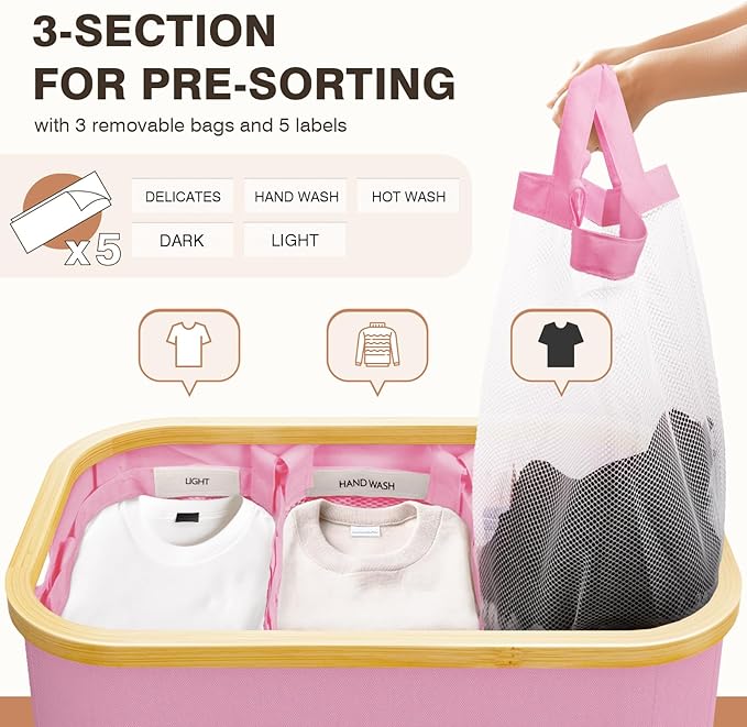 Hampers for Laundry Basket with Lid, 160L Extra Large 3 Section Clothes Divided Organizer for Bedroom, Laundry Room, Dirty Clothing Hamper, Pink