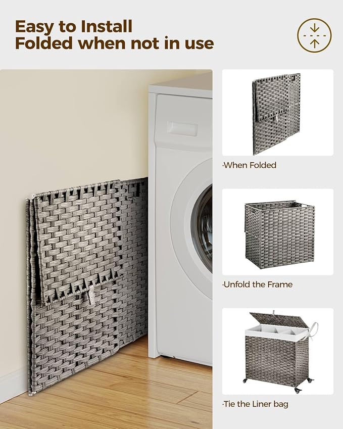 GREENSTELL Laundry Hamper with Wheels&Lid, 130L Large 3 Sections Clothes Hamper with 2 Types Removable Liner Bags, 5 Mesh Laundry Bags, Handwoven Divided Laundry Basket Gray