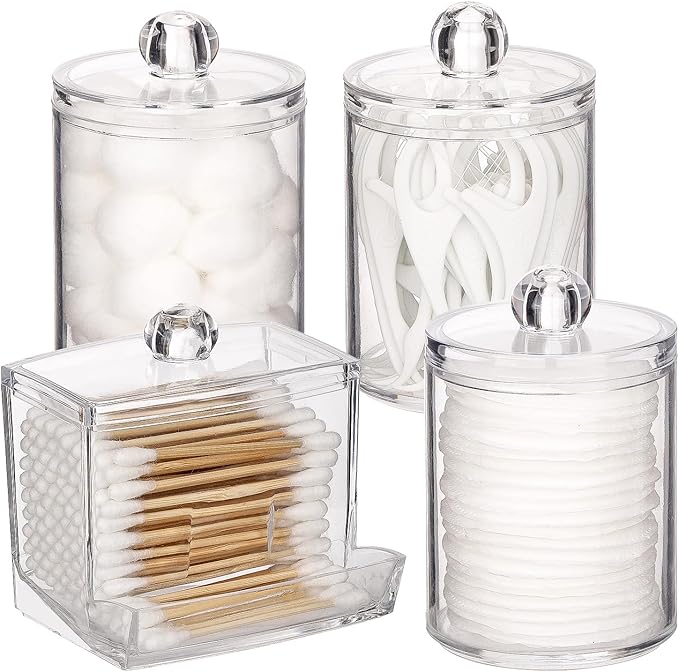 Tbestmax 4 Pack Qtip Holder Bathroom Container, 10/7oz Plastic Cotton Ball/Swabs Dispenser, Clear Apothecary Jar with Lids for Organizer and Storage