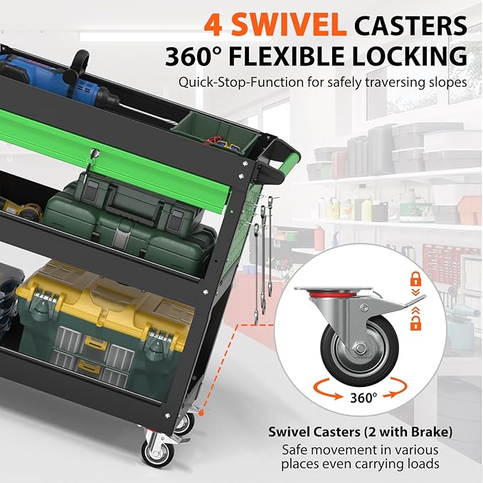 3 Tier Rolling Tool Cart On Wheels, Heavy Duty Utility Cart with Drawers, Large Storage Capability Service Cart for Garage, Warehouse and Tool Room(Black&Green)
