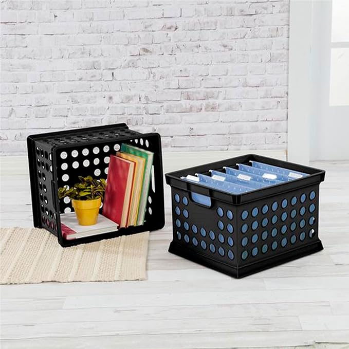 Sterilite Stackable Plastic Storage Crate Bin Organizer File Box with Handles for Home, Office, Dorm, Garage, or Utility Organization, Black, 12-Pack