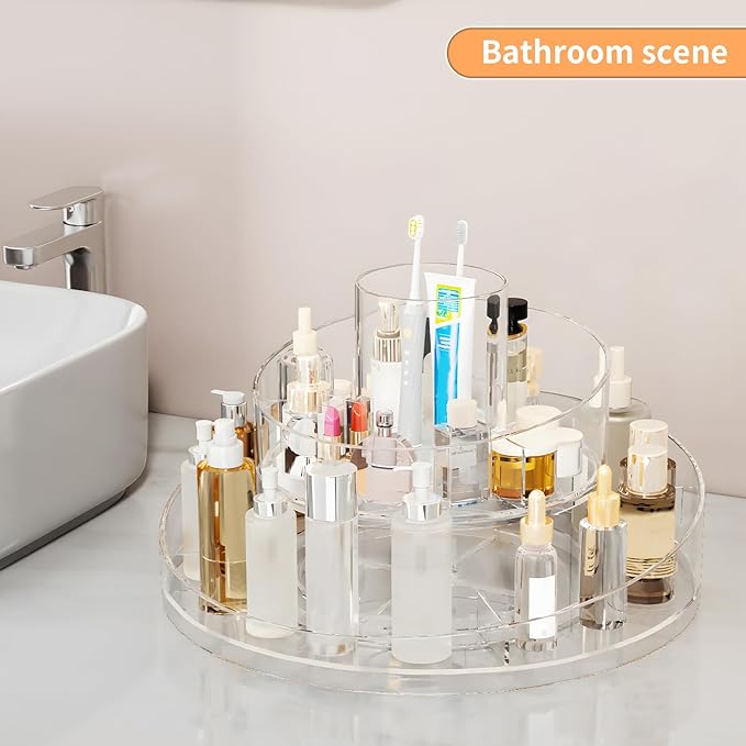 360° Rotating Makeup Organizer - Cosmetic Skincare Organizers Wish Brush Holder, Large Capacity Cosmetic Display Case for Vanity, Bathroom Countertop (Clear)