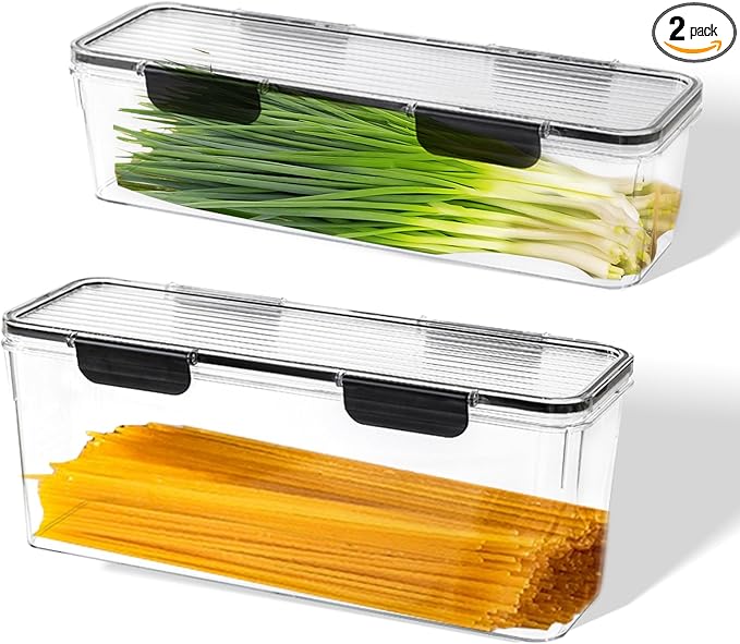 2-Pack Stackable Fridge Organizer Bins with Lids, Clear BPA-Free Food Storage Containers for Refrigerator, Fruits, Vegetables, and Drinks (Black)