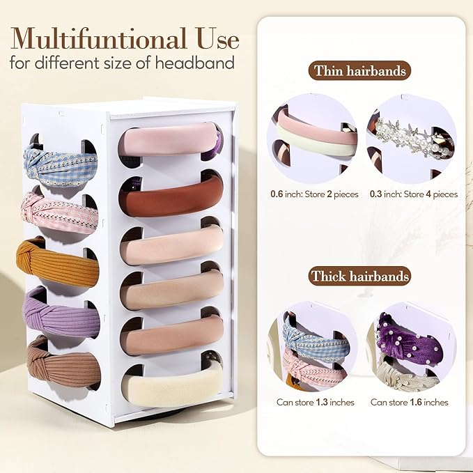 Headband Holder Organizer for Girls, Rotating Headband Storage for Women,White Hairband Display Stand, Hair Hoop Rack Holder for Vanity,Dresser,or Bathroom Decor