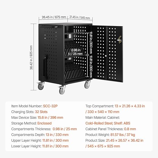 VEVOR Charging Cart, 32 Device Mobile Charging Station, Up to 15.6 in Screen Size, Office and Classroom Mobile Charging Cart, for Chromebook, Tablet and Laptop