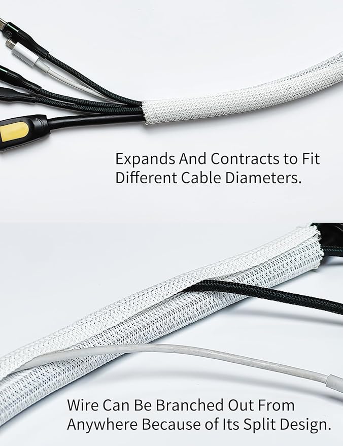 Cable Management Split Wire Loom Sleeve - Cord Hider & Protector for Desk, Pet Chew Proof, Wire Cover Organizer, Flexible Tube for Wires and Cables (1 & 1/2 Inch 10FT Each, White)