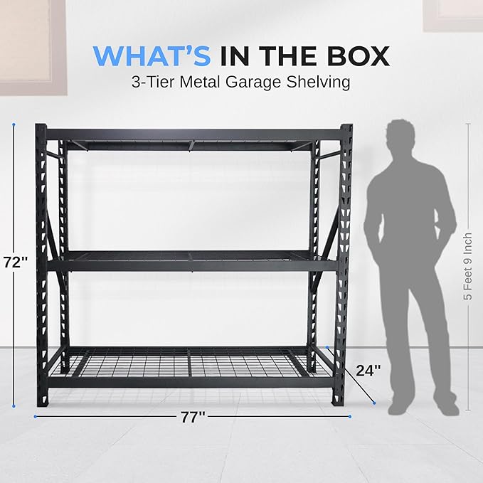 SereneLife Heavy Duty 3-Tier Metal Garage Shelving | 24" x 77" x 72" Extra Wide Adjustable Storage Utility | Freestanding Bulk Storage Rack | Open Wire Mesh Design | 2000 lbs. Capacity