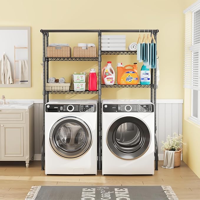 U14 Medium Over the Washer and Dryer Shelves, 4 Tiers Laundry Room Storage and Organizer System, Space Saving Clothes Drying Rack with 2 Clothes Hanger Rods, 57.8"W x 20.5"D x 77.4"H, Black