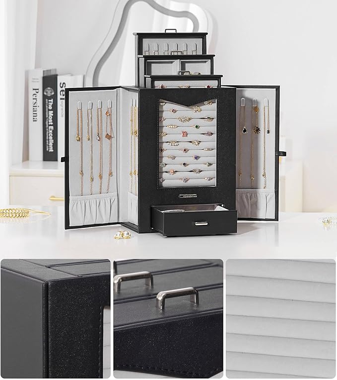 Homde Jewelry Organizer with Transparent Window Necklace Hooks Gift for Women Jewelry Box Display Case for Necklaces Rings Earrings Bracelets and Other Accessories (Black)