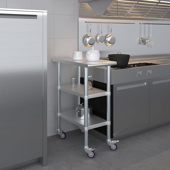 AmGood Stainless Steel Work Table with 2 Shelves and Casters | Metal Utility Table On Wheels (Stainless Steel Work Table with 2 Shelves + Casters, 15" Long x 30" Deep)