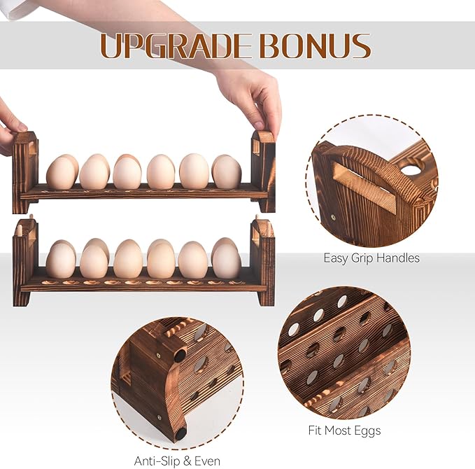 Wooden Egg Holder 2 Layer Rack Holders Countertop Stackable Quail Egg Sorter Storage Trays Organizer Display Stand Kitchen Rack Fits Duck, Turkey, Chicken Eggs,up to 36 Eggs, 2 Tier-Brown