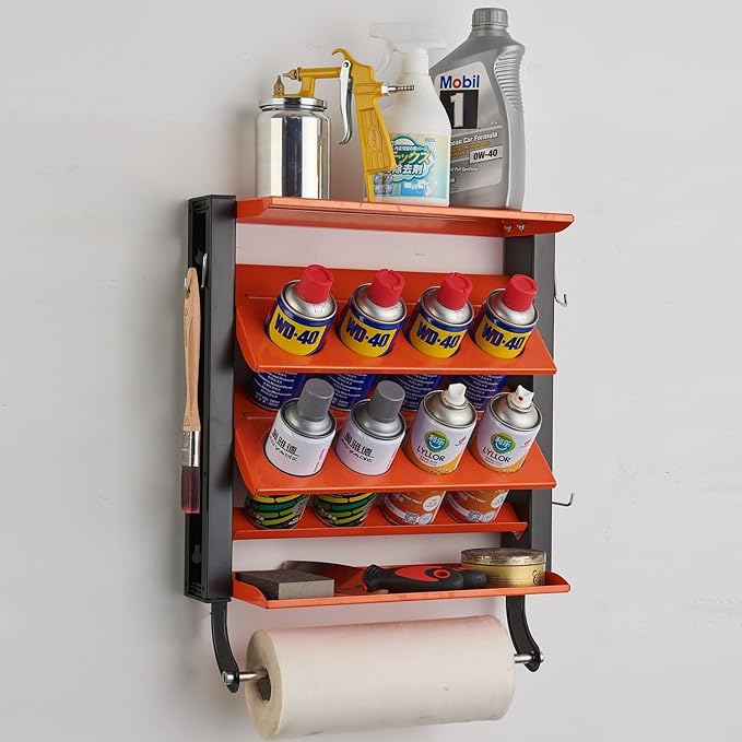 Wallmaster Spray Can Holder, Lube Can Wall Mount Storage Rack Heavy Duty Paint Bottle Organizer for Garage & Home | 8 Can Holes & 2 Shelf