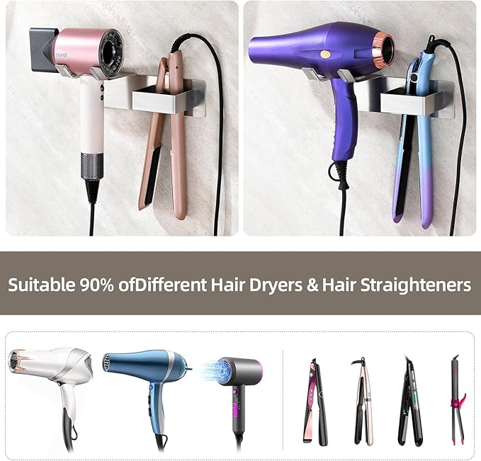 Hair Dryer and Straightener Holder, Upgraded Hair Straightener Holder with Cable Hook, Stainless Steel Universal Hairdryer Holder Wall Mounted Waterproof for Bathroom Space-Saving Silver PTALSEAW