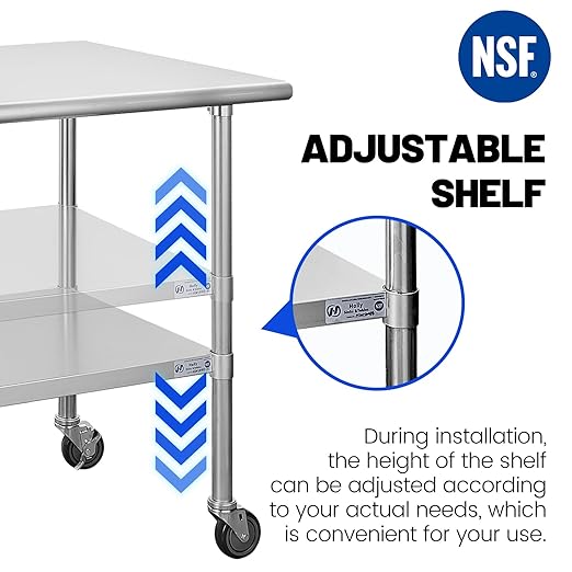 Hally Stainless Steel Table for Prep & Work 24 x 72 Inches with Caster Wheels, NSF Commercial Heavy Duty Table with Undershelf and Galvanized Legs for Restaurant, Home and Hotel