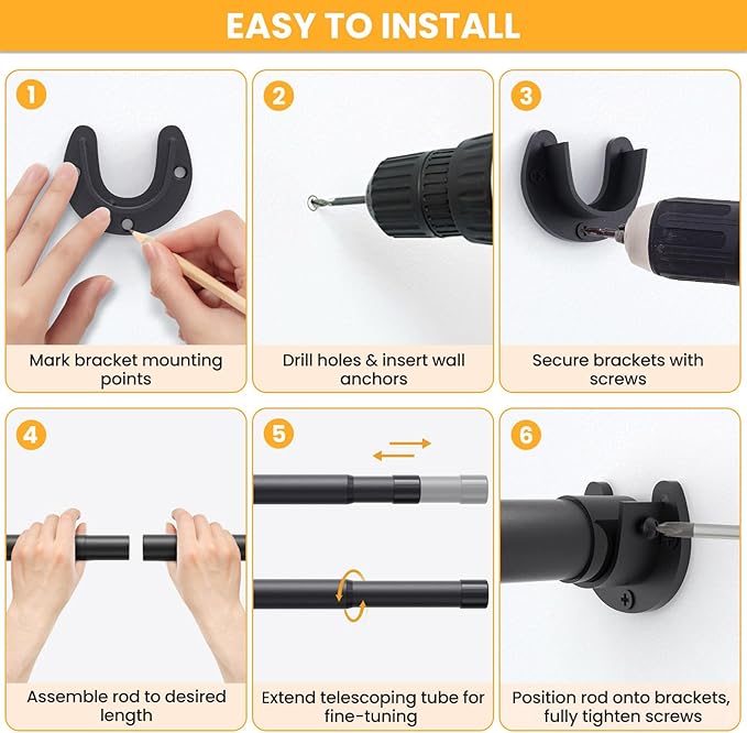 Closet Rods for Hanging Clothes, 17-98 Inch No-Cut Stepless Adjustable Closet Rod, 1.3 Inch Heavy Duty Metal Closet Hanging Rod with Brackets, Black Closet Bar for Closet, Laundry Room, RV, Wardrobes