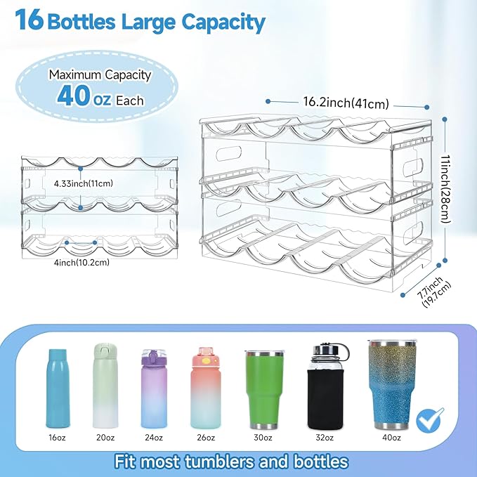 Large Compartment Water Bottle Organizer Rack,3 Pack Stackable Tumbler Storage for Kitchen Fridge Cabinet Organization and Storage,Wine/Drink/Water Bottle Storage Organizer