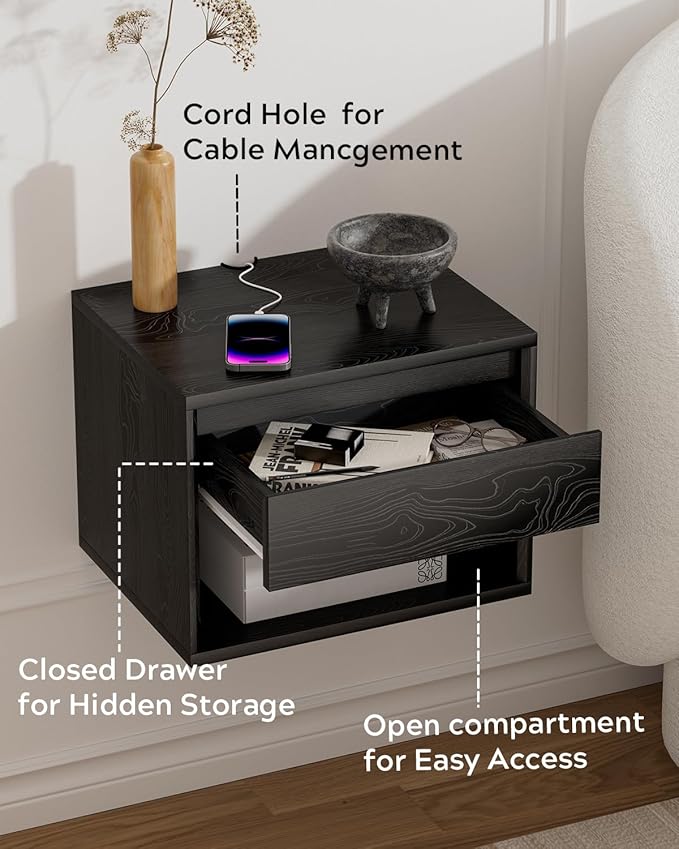 Floating Nightstand, Wall Mounted Bedside Table with Storage Drawer and Open Shelf, Modern Night Stand withHandless Design for Living Room, Bedroom, Dorm, Black
