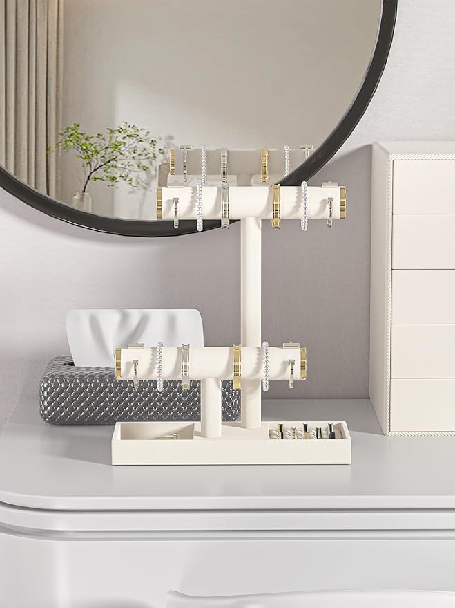 Bracelet and Necklace Holder,Velvet Jewelry Necklace Display Organizer Stand,bracelet Holder for Selling,Bracelet and Necklace Storage Tree (Style 2（Beige+ Metal lid）)