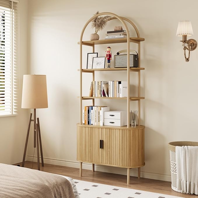 BREEZEHEAT Fluted Arched Bookshelf, 71" Tall Bookshelf with Sliding Tambour Doors, 4-Tier Open Display Storage Shelf, and Metal Frame, Curved Cabinet for Living Room, Home Office, Bedroom, Natural