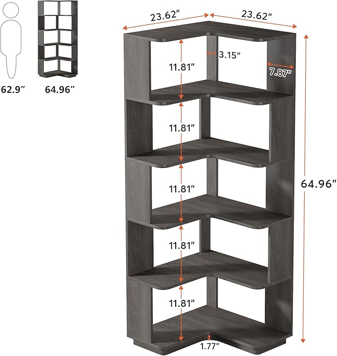 Tribesigns 6-Tier Corner Bookshelf, 64.9 Inches Tall Corner Bookcase with Anti-Drop Panel, Modern Freestanding Shelf Display Rack Storage Organizer for Home Office, Living Room, Grey