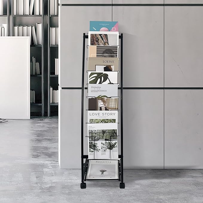 TONGMO Magazine Rack: Floor-Standing with Wheels, 9-Tier Brochure Display Stand for Exhibitions, Office, and Any Organization Requiring Information Display
