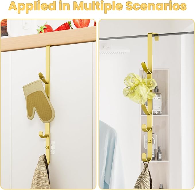 Over The Door Hooks, Metal Door Hooks for Hanging, Over The Door Purse Organizer for Door Coat Hanger, Back of Shower for Hanging Towel Rack Clothes, Hat, Bathroom, Closet (Gold-2Packs)